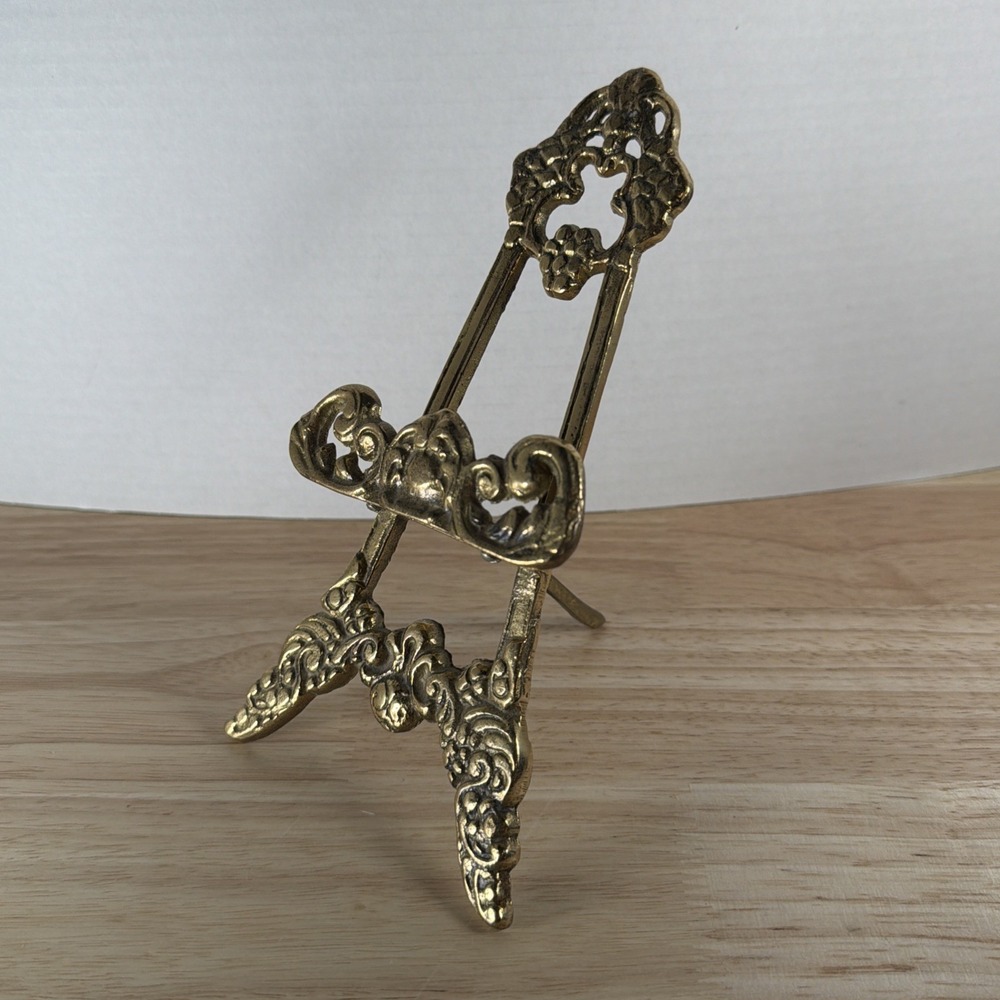 Victorian Vintage Brass Easel Mini Plate Stand 8" Tall x 4" Wide Ornate Display
